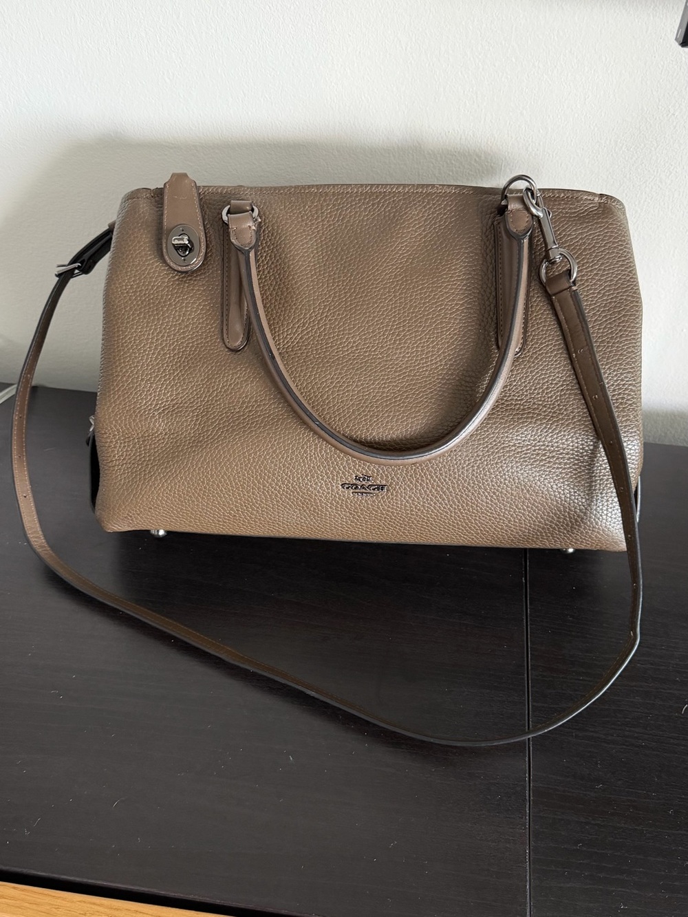 Coach Brooklyn Carryall 34 Pebbled Leather Taupe Satchel Crossbody 57276